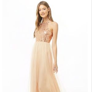 Rose Gold Sequin Maxi Dress w/ Tulle